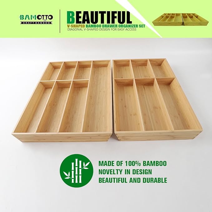 13 Slot V-Shaped Bamboo Drawer Organizer Set of 2, Extra Large Cutlery Tray - Easy Reach Flatware Silverware Utensil Storage for Kitchen (19.6"x14.6" & 19.6"x12.4")