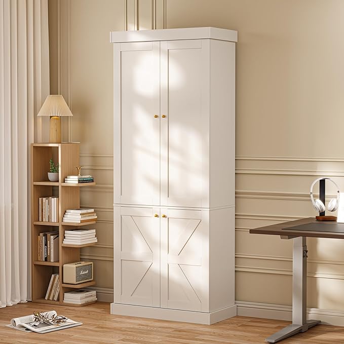 70.8" Tall Farmhouse Kitchen Pantry Cabinet with Doors, Modular Storage Cabinet with 4-Tier Adjustable Shelves, White, Wooden Hutch for Living Room, Kitchen
