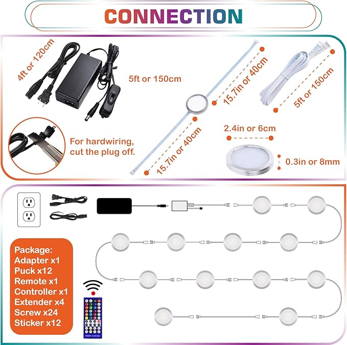 RGBWW LED Closet Light, Hutch Bookshelf Showcase Display Lighting, Multi Color Chaneable & Warm White, Remote Dimmer, Daisy Chained Linkable Pucks, 120V Hard Wiring & Plug in, 12 Lights