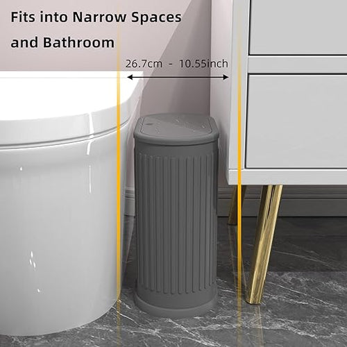 1.8 Gallons Small Stainless Steel Trash Can with Press Type Lid, Slim Bathroom Garbage Bin, Removable Liner Bucket, Dog Proof Narrow Wastebasket with Pop-Up Lid for Bedroom,Toilet (Gray)