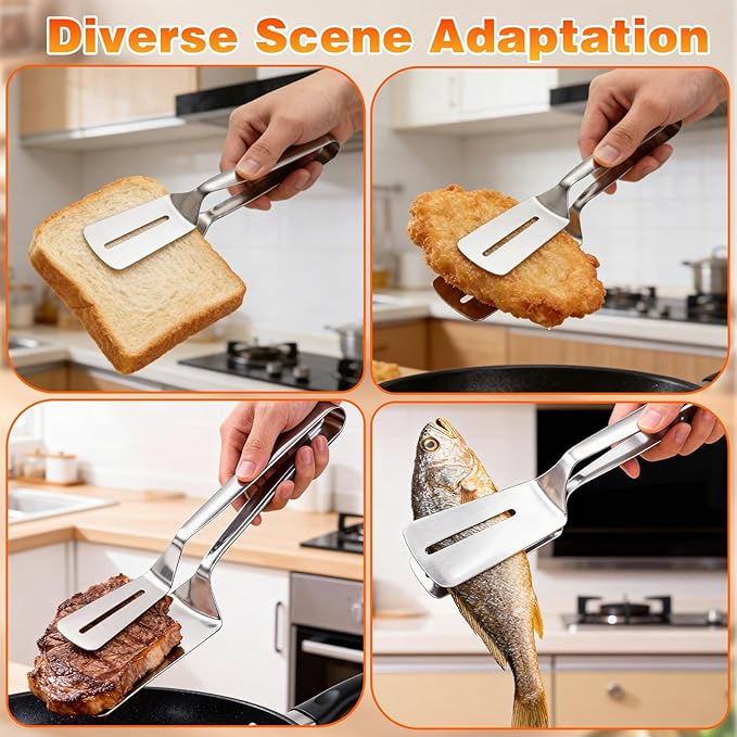 2Pcs Double-Sided Stainless Steel Grill Clamp Spatula, All-Purpose Shovel Clip, Upgrades Anti-Scald Extended Handle Spatula Tongs, for Grilling Meat, Fish and Pancakes with Non-Slip Grip