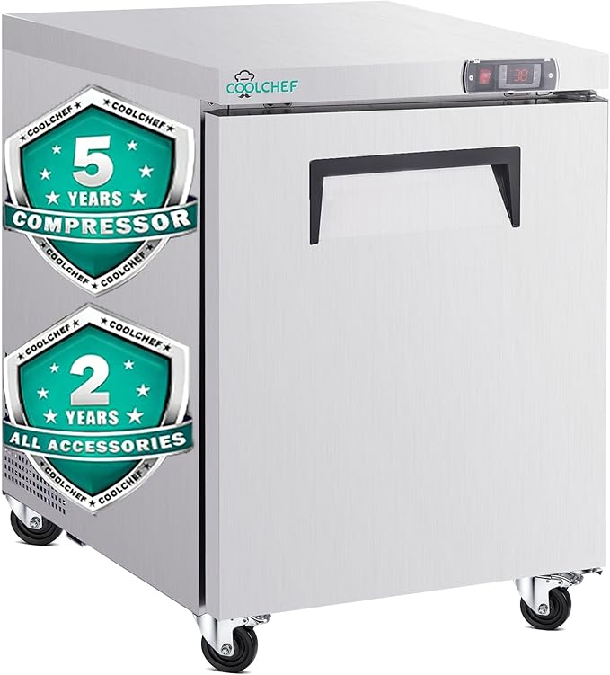 28" Commercial Worktop Refrigerator, 8 Cu.ft Single Door Stainless Steel Prep Table Fridge, R290 Undercounter Refrigerator with Casters