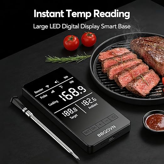 Smart WiFi Wireless Meat Thermometer Unlimited Range 7 NIST Cert.Sensors Accuracy ±0.5°F Sub-1G (10X Stronger than Bluetooth)APP&Digital Base,Monitor for BBQ, Grill,Oven, Smoker(1, Black,Small)