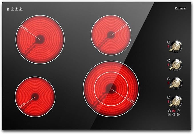 Karinear Electric Cooktop 30 Inch, 4 Burners Electric Stove Top, Built-in Radiant Cooktop with Expandable Burner, Knob Control, Safety Lock, Timer, 6700W 220~240V Hard Wired(No Plug)