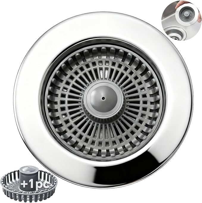 Kitchen Sink Stopper, 3 in 1 Pop Up Kitchen Sink Drain Strainer, with an Extra Basket Strainer, Sink Drain Stopper for US Standard 3-1/2 Inch, Brass Material Electroplate (Silver)