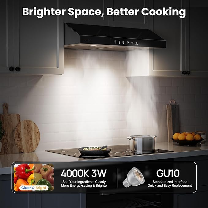 Under Cabinet Range Hood 30 Inch, 900 CFM Dual Centrifugal Motor, 3-Speed Ducted Kitchen Vent, Reusable Filters, Stainless Steel Kitchen Hood with LED Lights, Low Noise, Glass Black