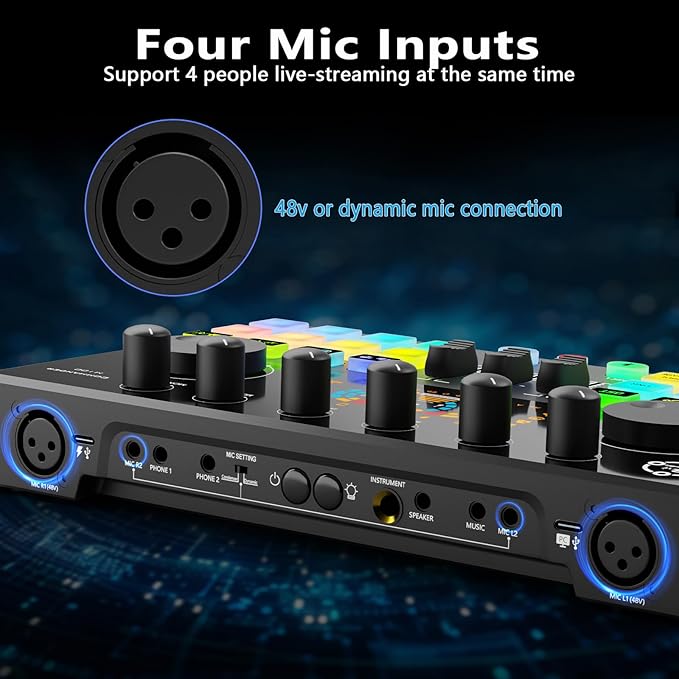 Podcast Equipment Bundle for 2, Audio Mixer with XLR Dynamic Microphone, Voice Change,RGB for Vocal Recording Podcasting,Streaming Singing TikTok, PC, Smartphone COMMANDER M100 3rd