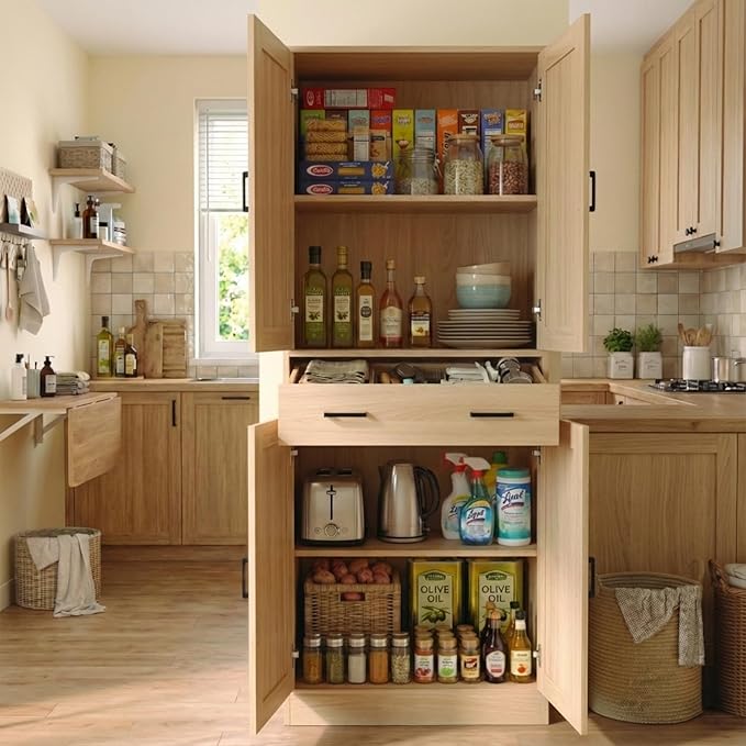 71" Tall Kitchen Pantry Cabinet, Freestanding Storage Cabinet with Drawer and 4 Doors, Large Oak Utility Floor Cupboard with Adjustable Shelves for Dining Room, Bathroom, Home Office