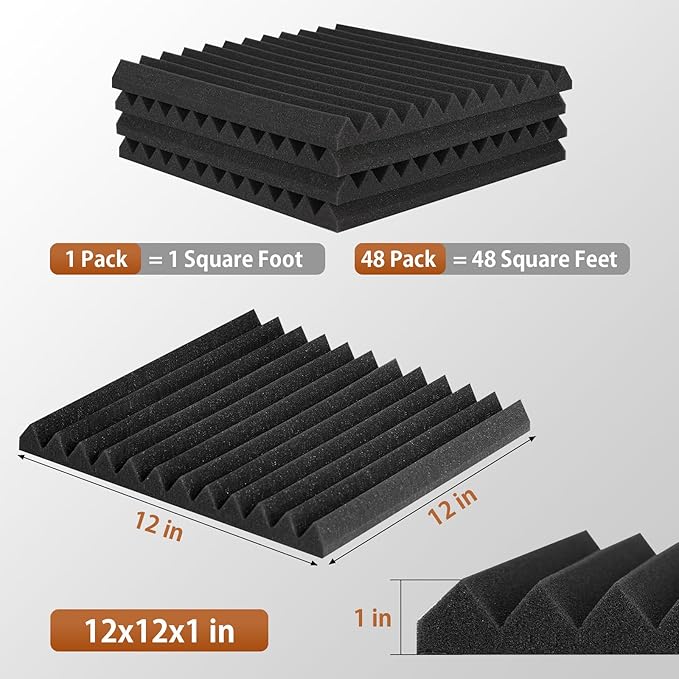 48 Pack Acoustic Foam Panels with Self Adhesive 12" X 12" X 1" Sound Proof Foam Panels for Walls High Density Wedge Soundproof Wall Panels for Studio Office Gaming Room