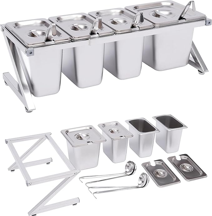 Pizza Topping Station with 4 Pans& Lids, Stainless Steel Food Container Pans Condiment Dispenser Countertop Spice Rack Organizer Shelf Holder for Seasoning Sauce Salad Jam Fruits Ingredients
