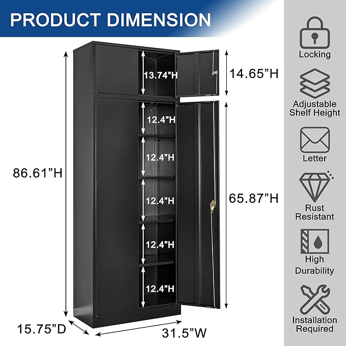 CJF Metal Storage Cabinet, 87-inch Tall Large Locking Cabinet Garage Storage Cabinet with Adjustable Shelves & Locking Doors for Home Office, Garage and Utility Room-Black