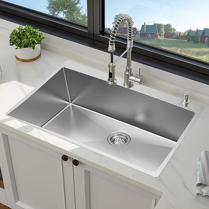 33 inch Topmount Handmade 18 Gauge Single Bowl Stainless Steel Kitchen Sink with Accessories