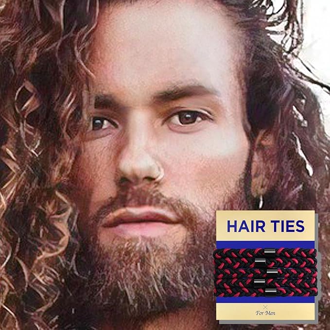 Braided Mens Hair Ties For Men 5 pcs(XL, Red Black) - For Buns Curly Thick Dense Hair Elastic Hair Ties For Guys | No damage Crease Breakage Man Bun Hair Tie Men with Long Hair Perfect hairtie