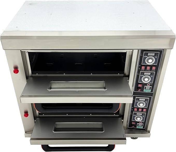 13.2KW Commercial Double Deck Oven Movable Stainless Steel Pizza Oven 20℃-400℃(68℉-752℉) Independent Temperature Control with 4 Baking Sheets For Commercial Baking 220V/3PH