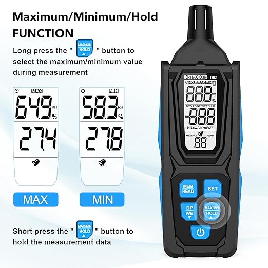 Temperature Humidity Meter, High Precision Digital Psychrometer Hygrometer with Dew Point, Wet Bulb Thermometer for Indoor Outdoor, 99 Data Storage, Temp Alarm, Backlight, MAX/MIN, Auto Shutdown