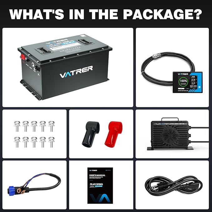 72V (70.4V) 105Ah Lithium Golf Cart Battery, Built-in 200A BMS, with Touch Monitor & Mobile APP, 4000+ Cycles LiFePO4 Battery, Max 14.08kW Power Output, Perfect for Golf Carts