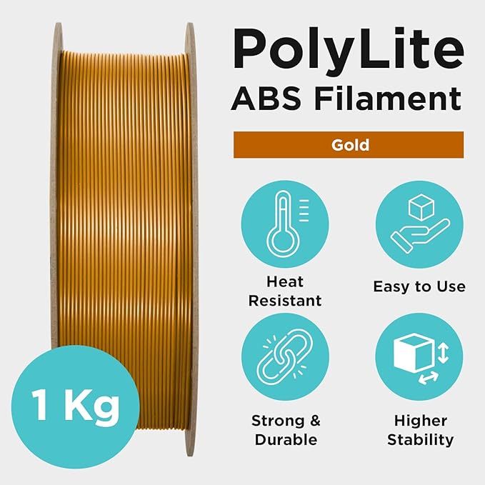 Polymaker ABS Filament 1.75mm Gold, 1kg 3D Printing Filament, PolyLite ABS 3D Printer Filament, Heat Resistant, Strong & Durable, Dimensional Accuracy +/- 0.03mm