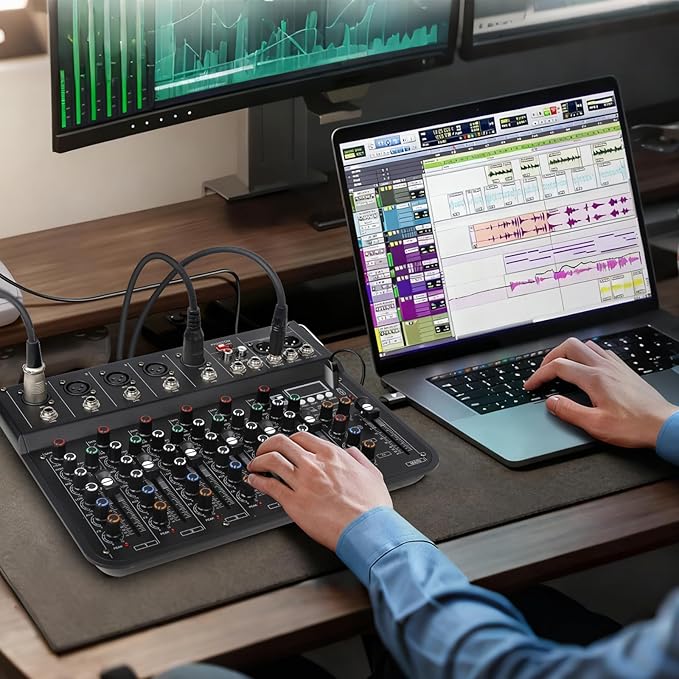 7 Channel mixer, DJ Mixer Board, Audio Sound Card with Interface Recording and 48V Phantom Power, Sounds Mixer Board with FX Reverb Delay Effect for Streaming