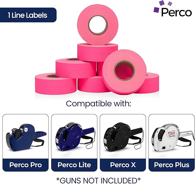 Perco 1 Line Fluorescent Pink Labels - 80 Rolls, 10 Sleeves, 80,000 Blank Price and Date Gun Labels for Perco Lite, X, Plus and Pro 1 Line Price and Date Guns - Made in USA