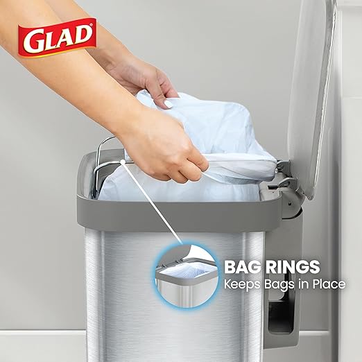 Glad Stainless Steel Step Trash Can, Series 2 with Clorox Protection - Large Metal Kitchen Garbage Bin with Soft Close Lid, Foot Pedal and Waste Bag Roll Holder, 13 Gallon