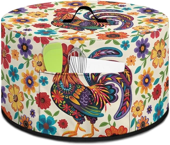 Rooster Colorful Floral Print Oval Slow Cooker Cover with Side Pocket for Small Kitchen Appliance Rice Cooker Cover Keep Kitchen Clean and Easy to Use, 16 x 14 x 9.6 inch