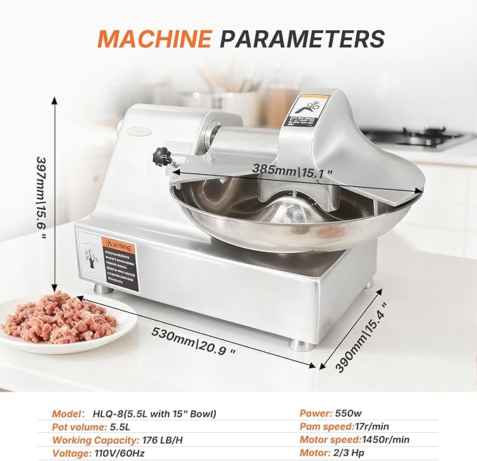 Hakka Commercial 5.5 L Multifunction 15in Meat Bowl Cutter Mixer and Buffalo Chopper Food Processor Heavy Duty Food Mixing Meat Grindering Meat Chopping Machine
