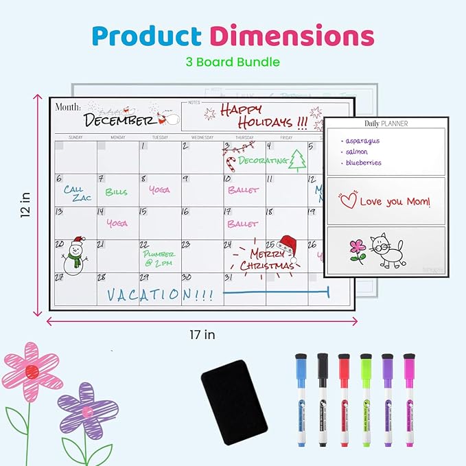 Cinch! Magnetic Calendar Bundle of 3 - Monthly, Weekly, Daily Planning Dry Erase Boards for Fridge - Magnetic Fridge Calendar Whiteboard Set with 6 Fine Tip Markers, Large Eraser, and Magnets