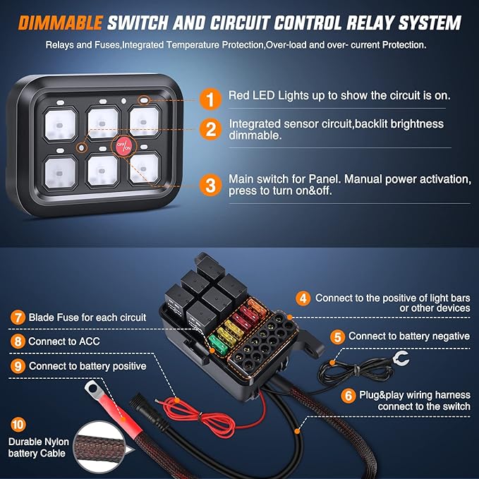 Nilight 6 Gang Switch Panel Universal Circuit Control Relay System with Fuse Wiring Harness Automatic Dimmable ON-Off LED Pod for Cars Trucks Boats ATV UTV SUV