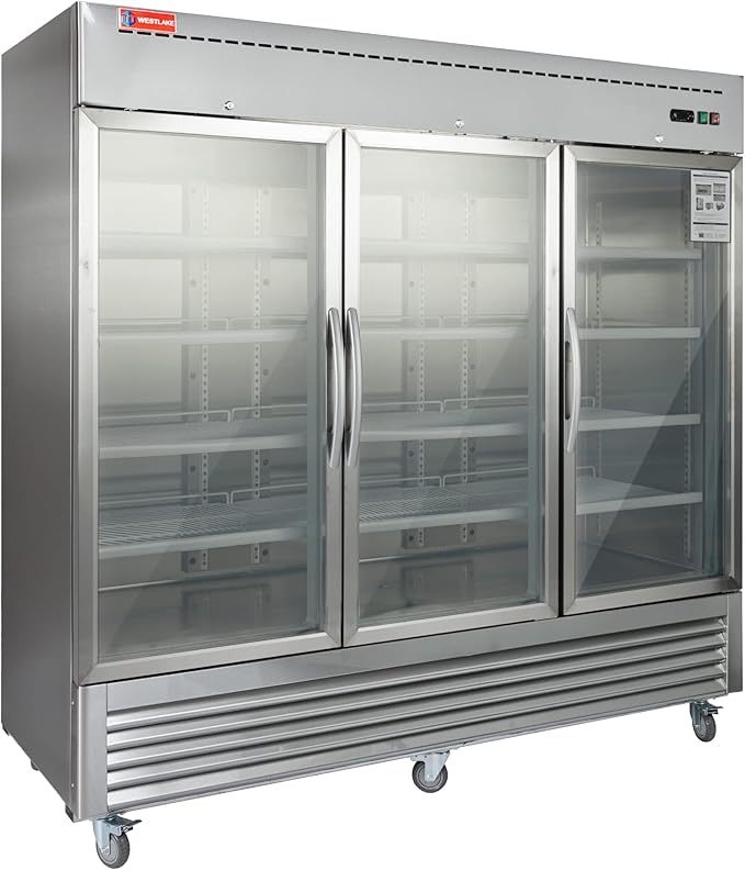 WESTLAKE 82" W Commercial Display 3 Glass Door Refrigerator Merchandiser 3 Section Stainless Steel Reach-in Glass Door Upright Fan Cooling 72 Cu.ft Cooler for Restaurant, Bar, Shop, etc