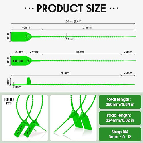 1000 Pcs Plastic Tamper Seals Fire Extinguisher Tags Security Tags Seals Safety Numbered Zip Ties Labels Safety Disposable Self Locking Signage 250 mm Length (Green)