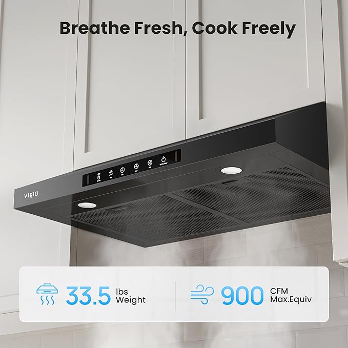 Range Hood 36 Inch Under Cabinet, 900 CFM Dual Centrifugal Motor, 3-Speed Ducted Kitchen Vent, Reusable Filters, Stainless Steel Kitchen Exhaust Fan with LED Lights, Black