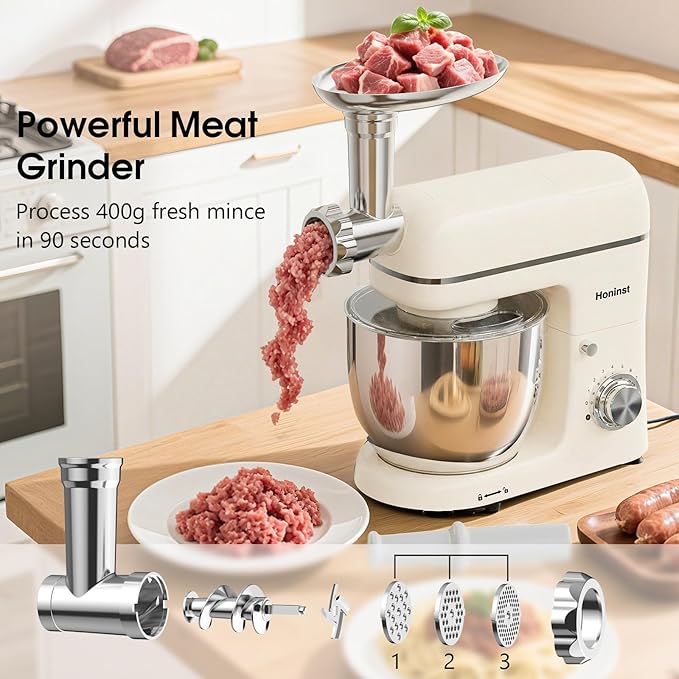 Stand Mixer, 7-IN-1 6.5QT 660W Multifunctional Electric Kitchen Mixers with Blender, Meat Grinder, Dough Hook, Whisk and Beater, 8-Speed Food Mixer for Baking, Cooking, Food Processing, Beige