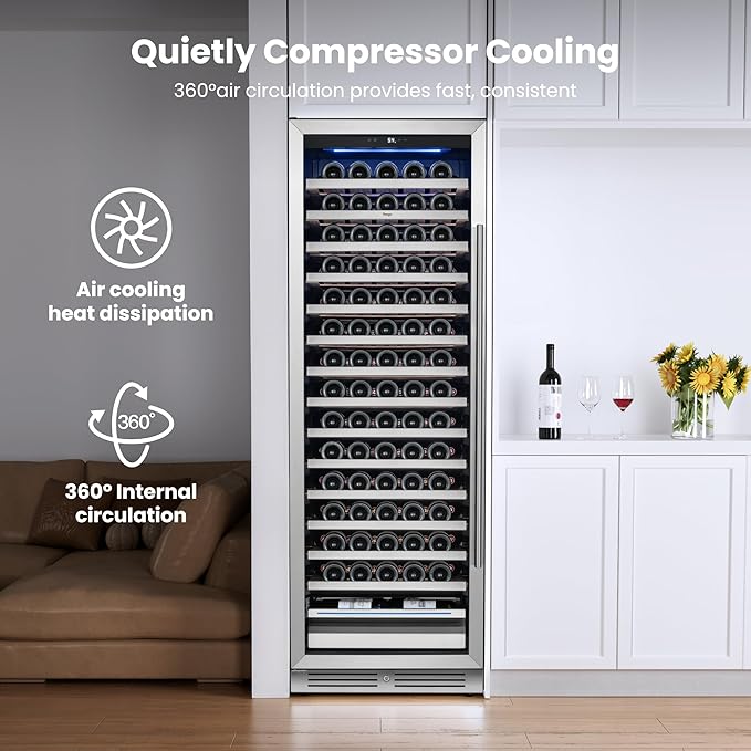 Yeego 24 Inch Wine Fridge Cooler - 165 Bottles Wine Cooler with Glass Door, 40-65℉ Built-In or Freestanding Wine Refrigerator with Door Lock and 2 Color LED for Kitchen Bar Office (Left-Hinged)
