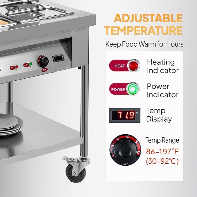 ROVSUN 72QT Electric Commercial Food Warmer 1500W, 9-Pan Steam Table 8QT/Pan Stainless Steel Bain Marie w/Acrylic Shield Overshelf Undershelf Temperature Control & Lid for Buffet Restaurant 110V