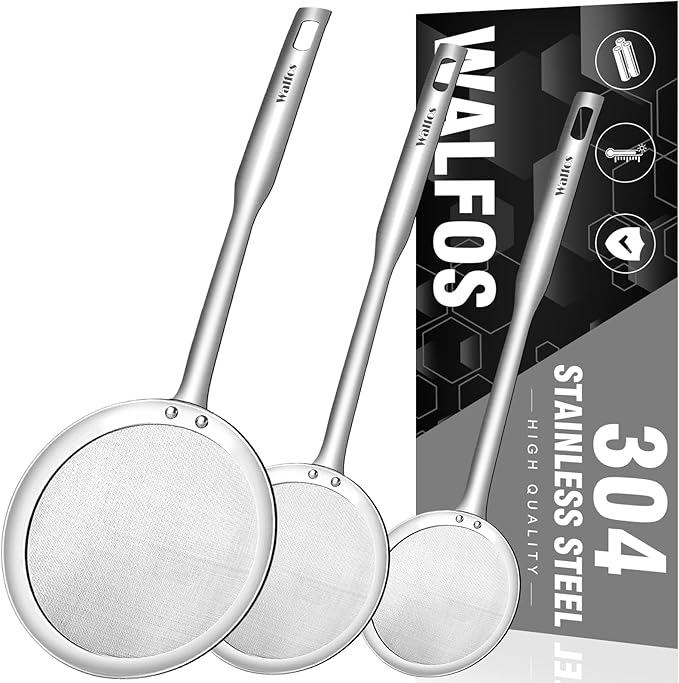 Walfos Fat Skimmer Spoon, 304 Stainless Steel Fat skimmer For Cooking, 3", 4" & 5 inch fine mesh skimmer, Food Strainer Fit For Separation Of The Floating Foam, Fat, Grease, Set of 3
