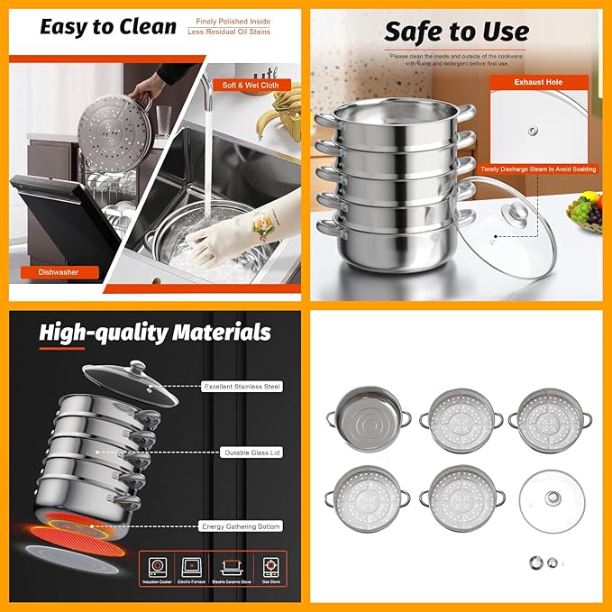 Steamer 30cm/11.81in, 5-tier Stainless Steel Steam Cooker w/Clear Glass Lid & Handles, Home Round Stackable Multipurpose Steam Pot for All Stoves, 14.37 * 15.55in (1xBottom Pot, 4xSteaming Baskets)