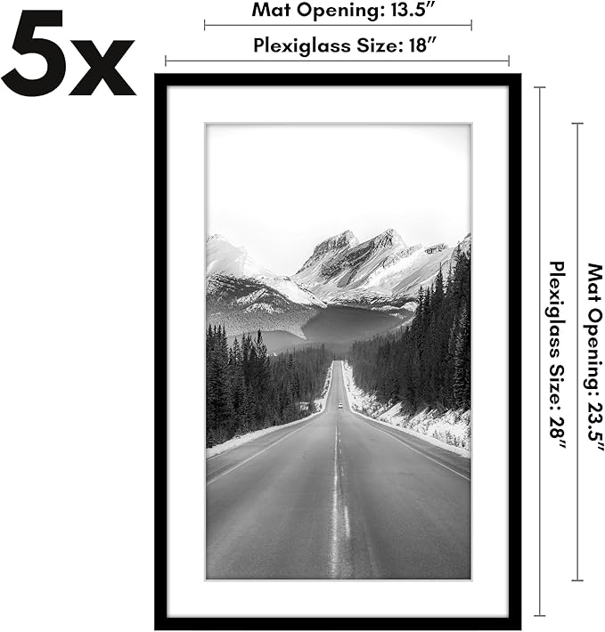 Americanflat 18x28 Picture Frame with Polished Plexiglass - Set of 5 - Use as 14x24 Frame with Mat or Display 18x28 Photo Without Mat - Galleria Collection - Picture Frames for Wall Display - Black