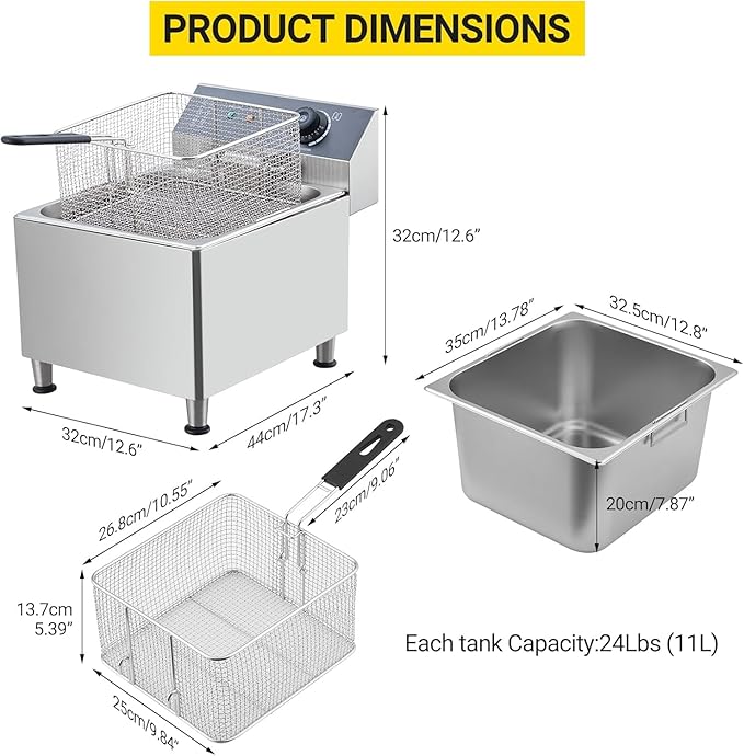 TROPOW 11L Commercial Deep Fryer | 304 Stainless Steel Electric Countertop Fryer with XL Basket & Lid | 1700W 110V for Restaurant & Home Kitchen