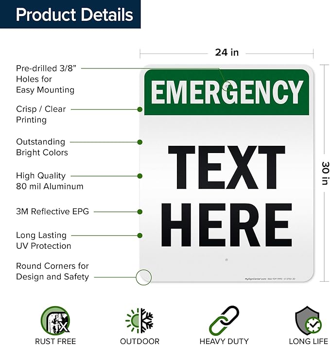 Custom Emergency Sign, OSHA Sign, 24x30 Inches, 3M EGP Reflective, Rust Free .080 Aluminum, Fade Resistant, Made in USA by My Sign Center