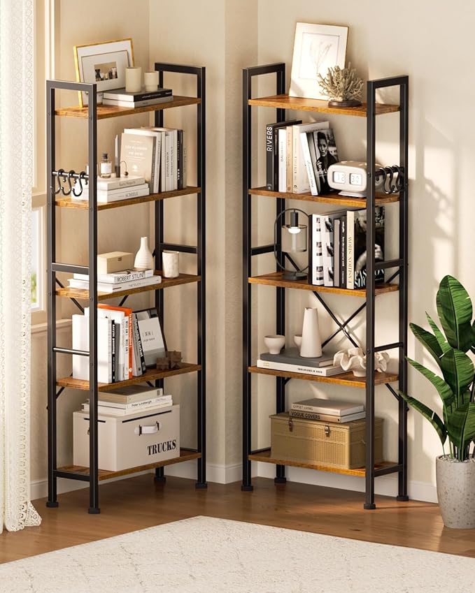 Furologee Triple 5 Tier Bookshelf, Bookcase with 14 Open Display Shelves, Wide Etagere Book Shelf, Industrial Shelving Units for Home Office, Living Room, Bedroom, Rustic Brown