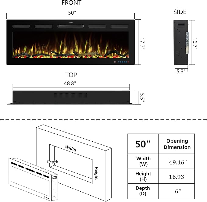 50" WiFi Electric Fireplace Inserts, Recessed and Wall Mounted Fireplace Heater W/Adjustable Flame Color & Brightness, Thermostat, 9H Timer, App and Remote Control, 750/1500W