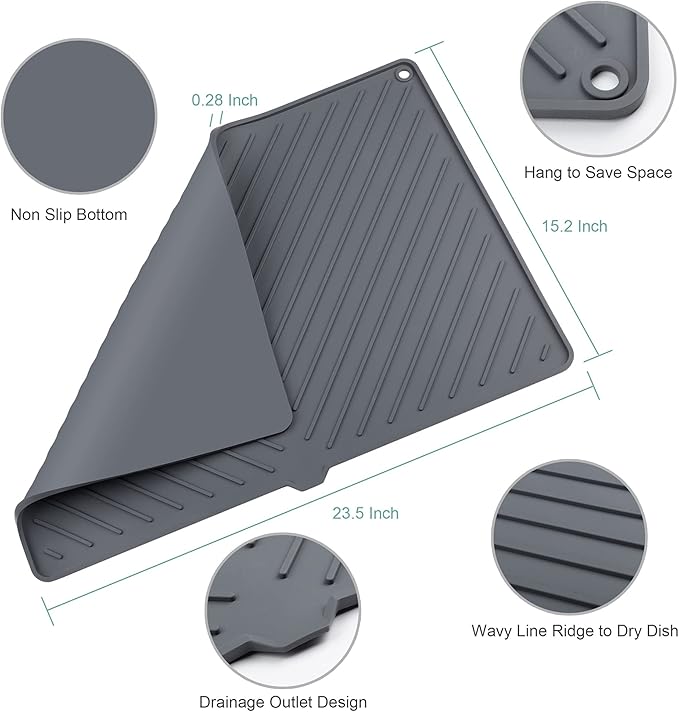 Dish Drying Mat, Silicone Dish Drying Mat for Kitchen Counter, Extra Thick & Large Dish Drainboard Mat with Built-in Drain, Non-silp, Heat Resistant, Dishwasher Safe (Black, 24" x 15")