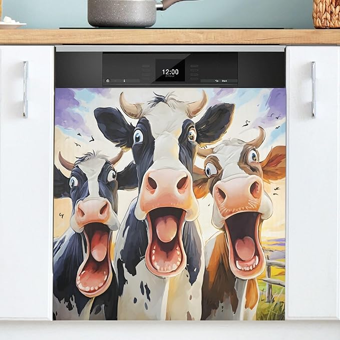 Three Funny Cows Dishwasher Magnet Cover Front Dishwasher Cover Magnetic Home Cabinet Decals Appliances Stickers Refrigerator Decor, 23x26in