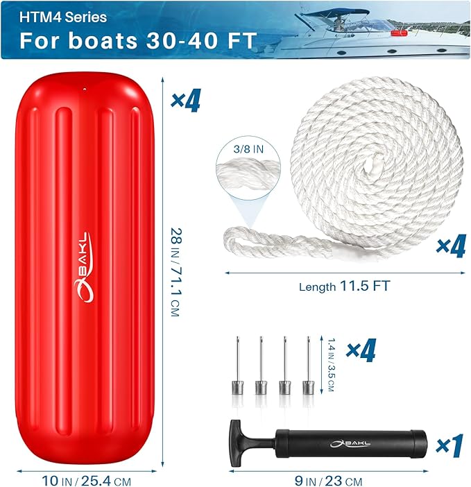 Boat Fenders 4 Pack 10 x 28 Inches Ribbed Center Hole Boat Fenders Bumpers for Docking, Comes with Ropes and Pump to Inflate