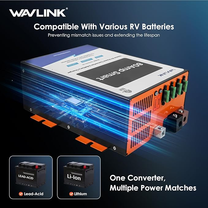 WAVLINK 80 Amp RV Power Converter, 120V AC to 12V DC Battery Charger with 3 Smart Charging Modes, 13V-16.5V Adjustable Operating Range, Multi-Stage Charging