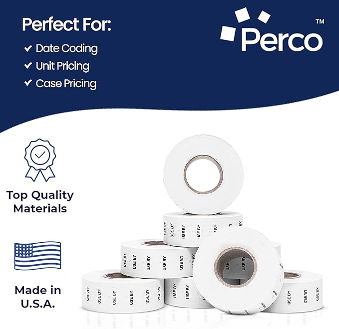 Perco Use by 1 Line Labels - 10 Sleeve, 80,000 Labels for Perco Lite, X, Plus and Pro 1 Line Date Guns