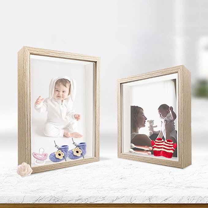 8x8 Shadow Box Frame Display Case, Wood with Plexiglass, Display Case Box for Memorabilia, Medal, Crafts,Tickets and Photos, Picture Frame for Wall and Tabletop (2pcs-Natural Wood, 8x8)