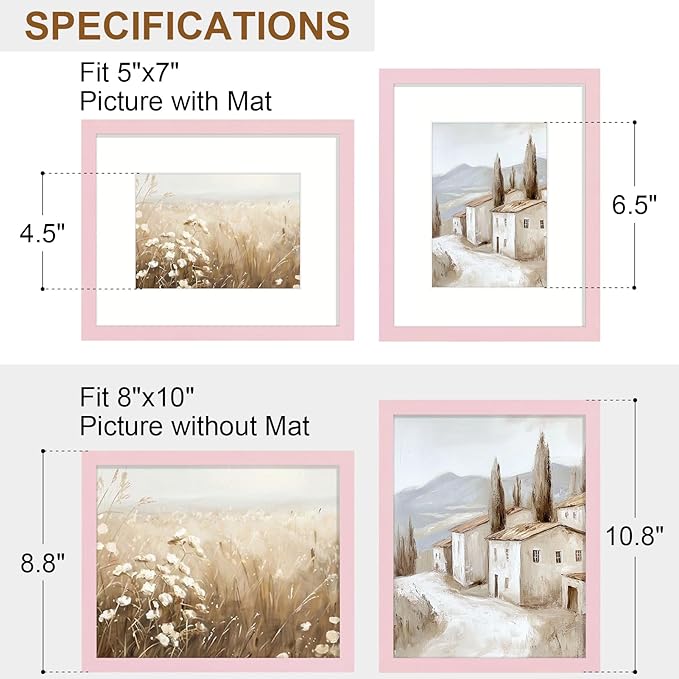 Vittanly 8x10 Picture Frame Set of 2, Solid Wood Frame for Wall or Tabletop, Display Photo 5x7 with Mat or 8x10 without Mat, Pale Pink