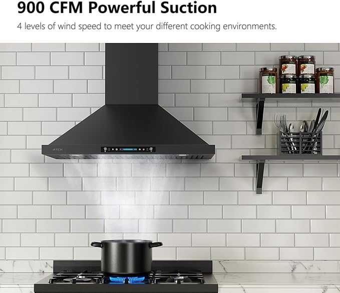 IKTCH 30 inch Black Wall Mount Range Hood, 900 CFM Ducted/Ductless Stainless Steel Vent Hood with Gesture Sensing & Touch Control Switch Panel, 2 Pcs Adjustable Lights