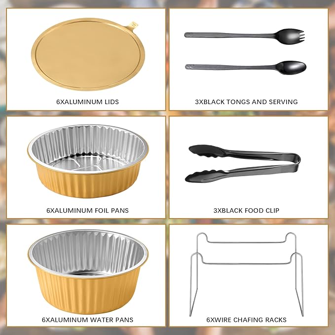 Meanplan 6 Set Disposable Chafing Dishes Buffet Set Gold Chafer Wire Racks Stand Kit Dish Food Warmer Catering Serving Trays Party Supplies Include Chafer Pans Serving with Utensils and Buffet Stand